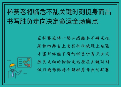 杯赛老将临危不乱关键时刻挺身而出书写胜负走向决定命运全场焦点 杯赛老将临危不乱关键时刻挺身而出书写胜负走向决定命运全场焦点